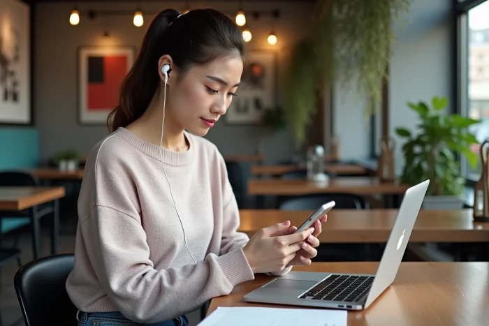 Jeune femme en casual dans un café moderne utilisant son smartphone