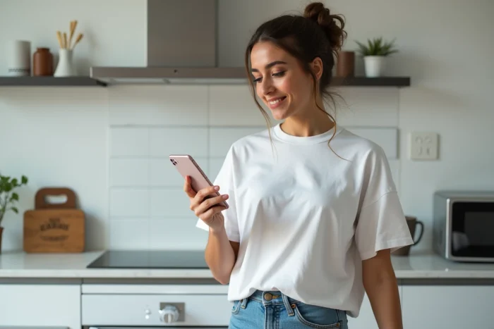 Jeune femme vérifiant son temps de jeu Roblox sur smartphone dans une cuisine moderne