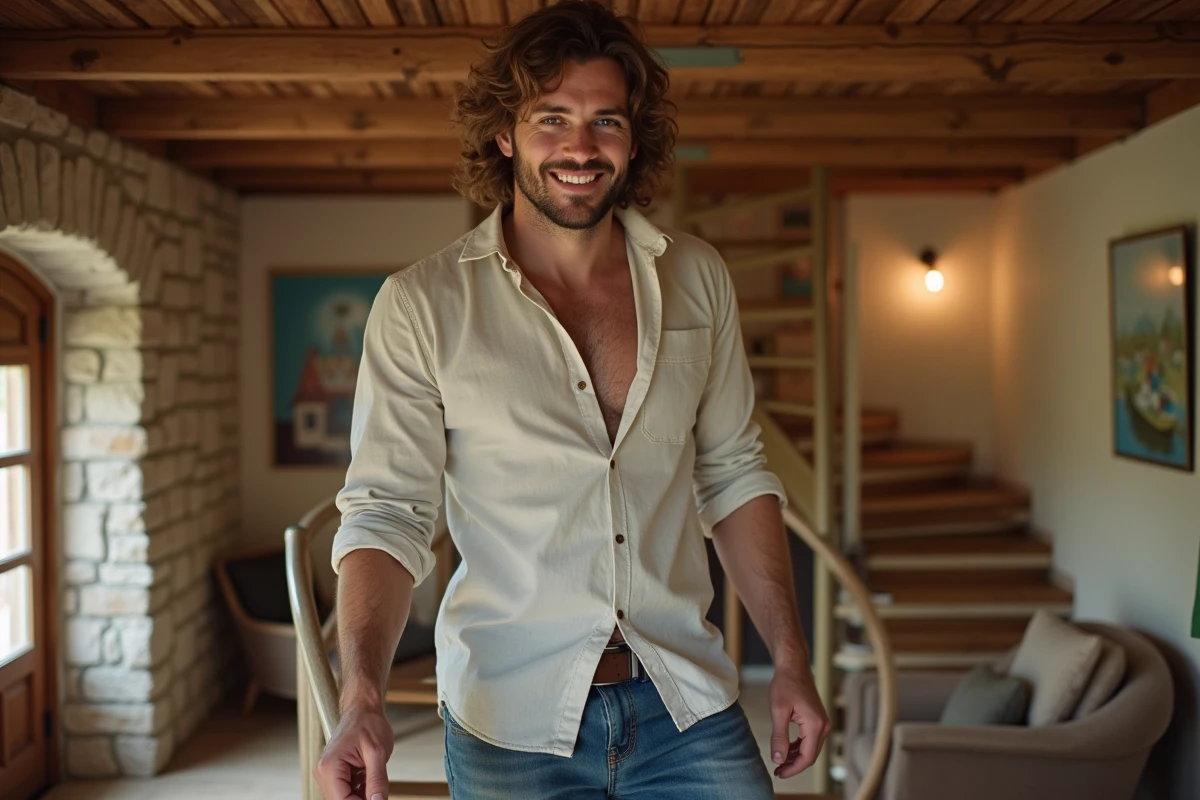 Jeune homme dans une maison de ferme rustique