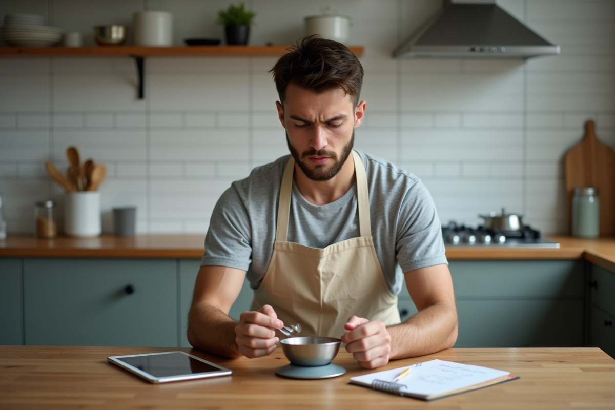 Jeune homme compare balance et cuillères de mesure