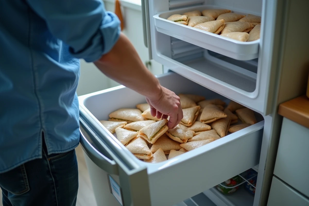 Jeune homme rangeant des sandwiches dans un congélateur domestique