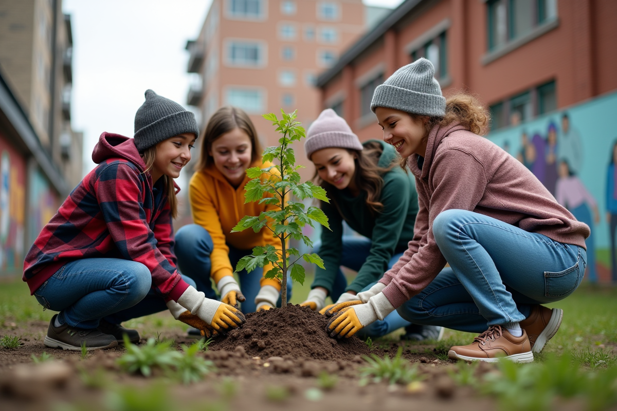 Jeunes et seniors plantant des arbres en ville