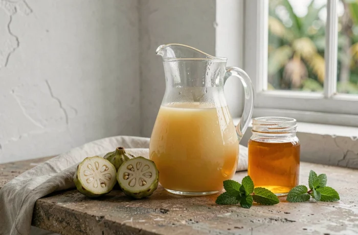 Pichet de jus de noni maison frais posé sur un comptoir rustique avec fruits et miel
