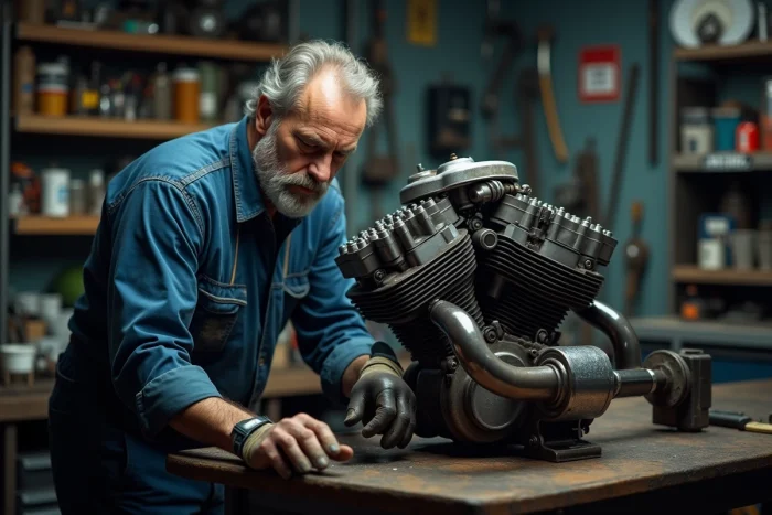 Mécanicien inspectant un moteur Harley 103 démonté dans un atelier de moto