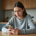 Mère préoccupée regardant son smartphone dans la cuisine