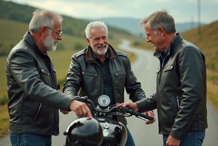 Groupe de motards discutant de la fiabilité du moteur Harley 103 lors d'une pause sur route