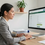 Femme professionnelle naviguant sur la carte du site AG Energie depuis son bureau