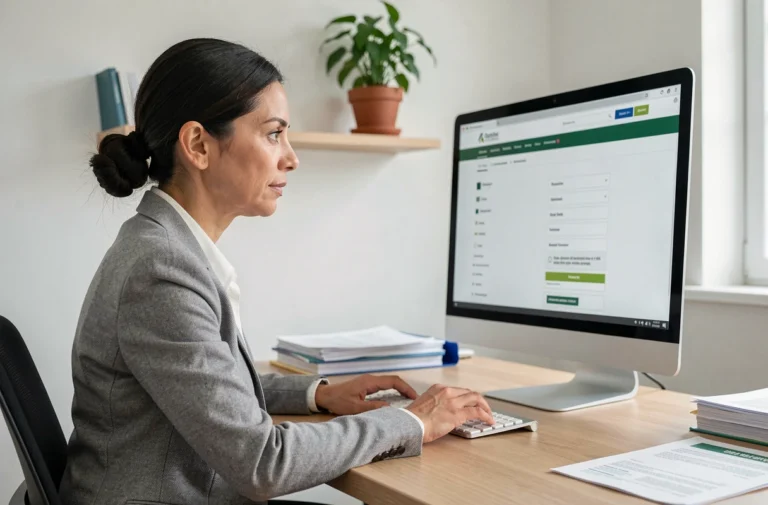 Femme professionnelle naviguant sur la carte du site AG Energie depuis son bureau