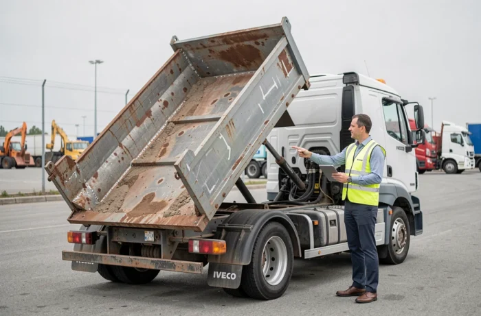 Acheteur et vendeur négociant l'achat d'un camion benne Iveco d'occasion dans un parc de véhicules industriels