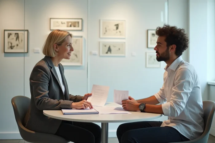 Galeriste et artiste discutant des frais et contrats d'exposition dans une salle de réunion de galerie