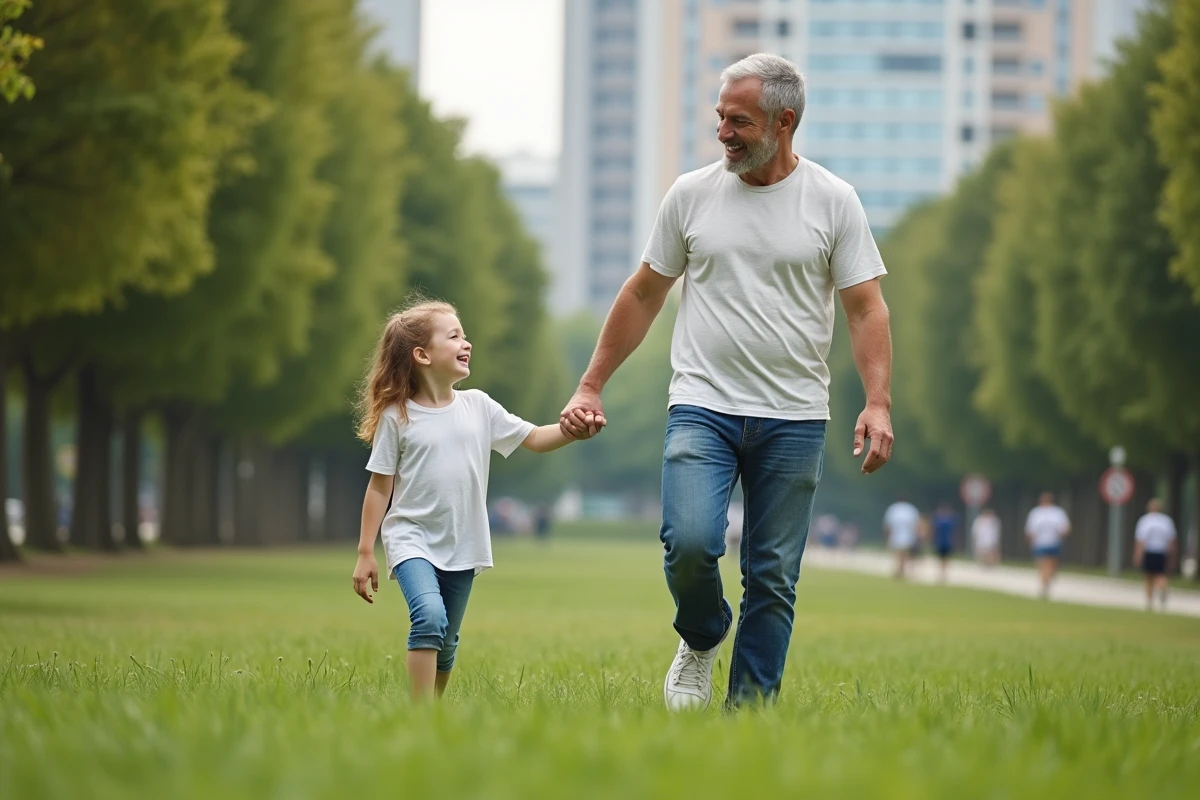 Père et fille marchant dans un parc ensoleille