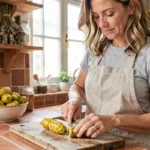 Femme préparant des fruits de noni frais sur une planche en bois dans une cuisine maison naturelle