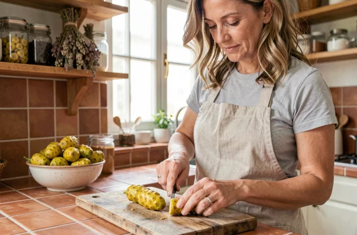 Femme préparant des fruits de noni frais sur une planche en bois dans une cuisine maison naturelle