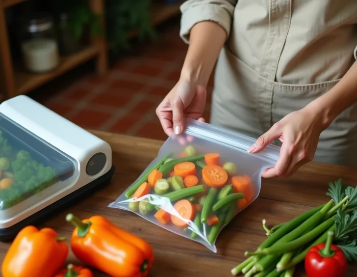 Préparation de légumes frais dans un sachet sous vide à côté d'une machine FoodSaver sur une table en bois rustique