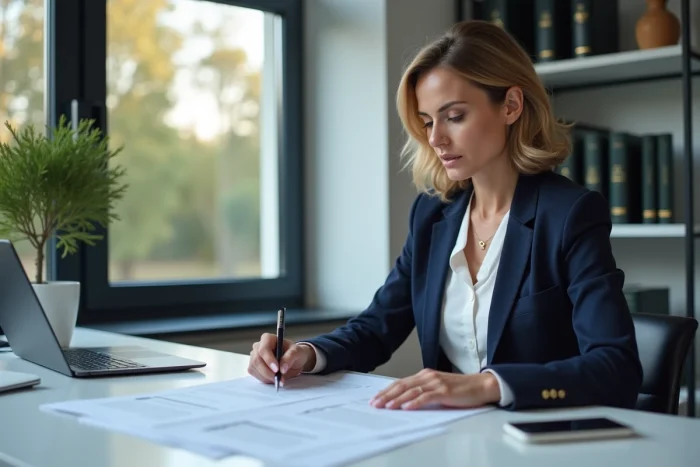 Propriétaire foncière consultant des documents de fermage sur un bureau avec un ordinateur portable