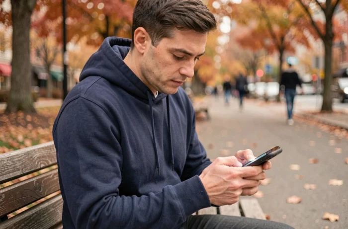 Personne recherchant des offres d'emploi sur smartphone dans un parc urbain en automne