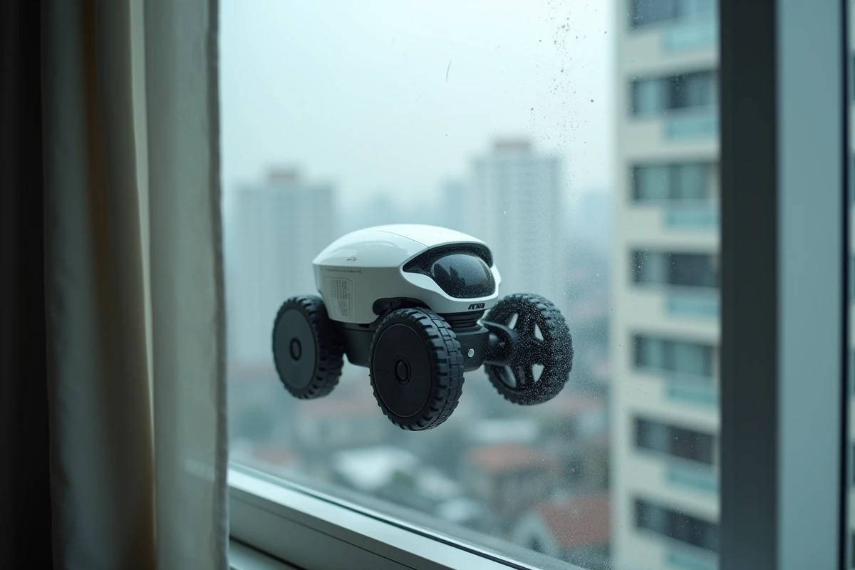 Robot de nettoyage de fenetre sur façade urbaine