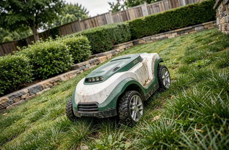 Robot tondeuse autonome sur une forte pente dans un jardin résidentiel avec haies et murs en pierre