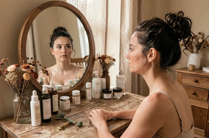 Jeune femme avec une peau naturelle assise devant une coiffeuse en bois entourée de produits de soin beauté