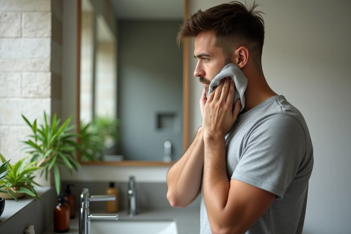 Jeune homme utilisant un tissu bambou pour sa routine visage
