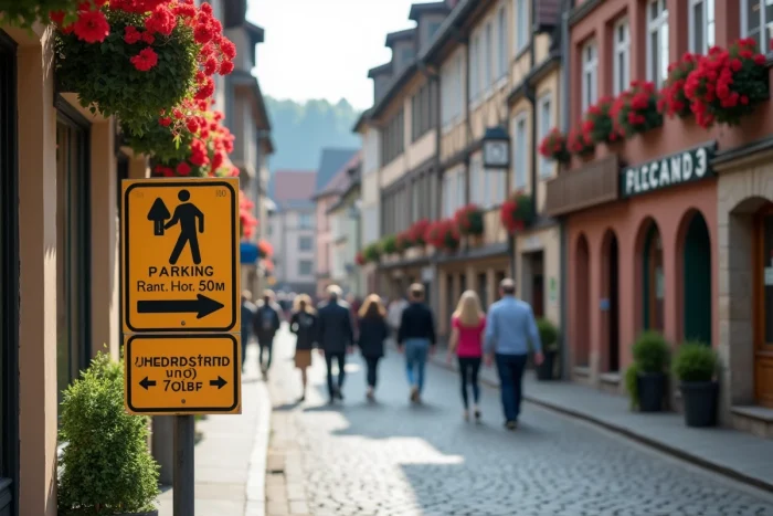 Rue pittoresque de Colmar avec panneau indiquant le parking Rapp et les tarifs