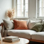 Salon moderne au style scandinave avec canapé en lin, coussins terracotta et touche de verdure séchée pour une décoration intérieure inspirante