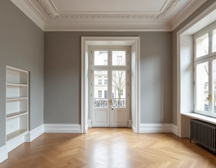 Salon rénové dans un appartement haussmannien avec parquet restauré et moulures plafond refaites à neuf