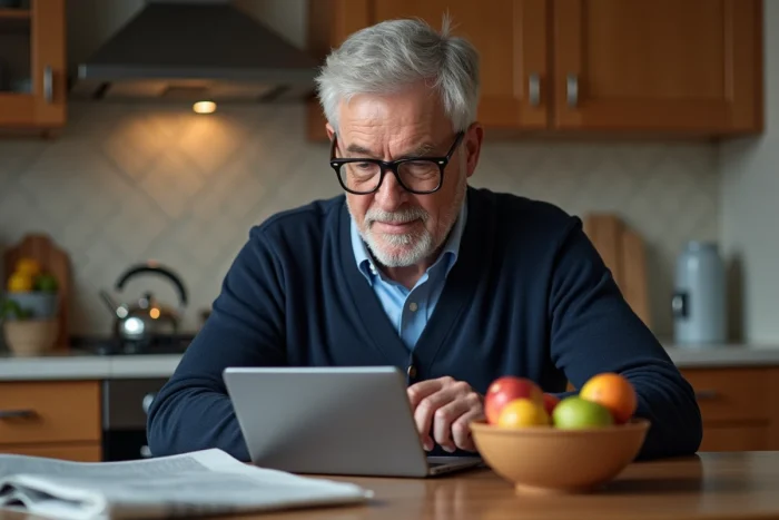 Homme senior utilisant une tablette dans sa cuisine pour résoudre un problème d'accès à son espace personnel en ligne