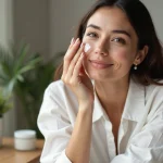 Femme appliquant une creme visage naturelle et lumineuse