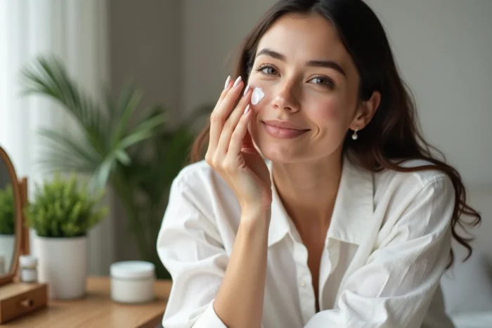 Femme appliquant une creme visage naturelle et lumineuse